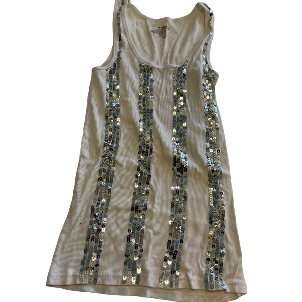 Old Navy Womens Ribbed Sequin Tank Top White Silver Sparkle Scoop Neck Small